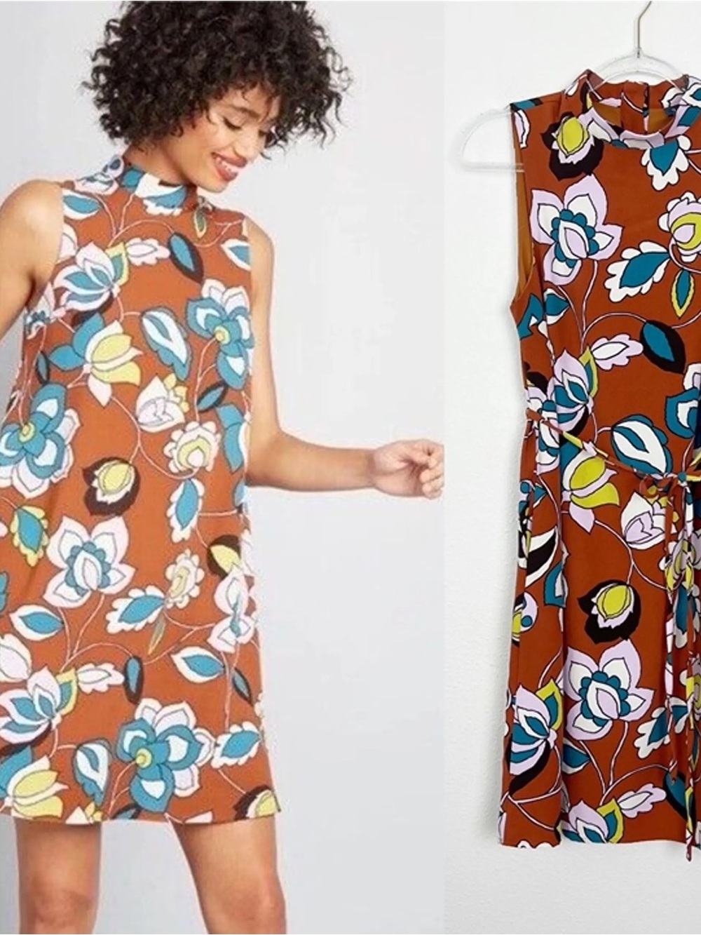 MODCLOTH Rust Floral Swing Dress - no waist tie